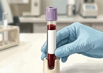 Mano con guante azul sostiene un tubo de extracción con muestra de sangre en un entorno de laboratorio, junto a una gradilla con otros tubos al fondo.