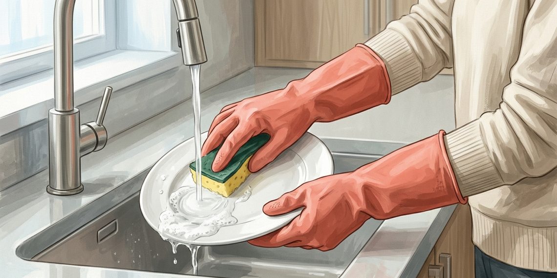 Persona con guantes de goma rosas lavando un plato blanco con una esponja bajo el grifo de la cocina para proteger las manos del agua y los detergentes.