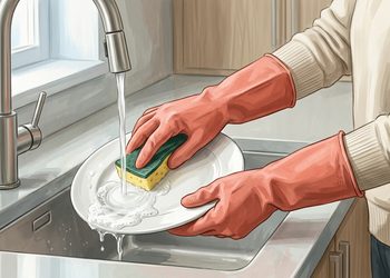Persona con guantes de goma rosas lavando un plato blanco con una esponja bajo el grifo de la cocina para proteger las manos del agua y los detergentes.