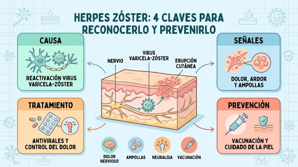Cuatro claves del herpes zóster: causa viral, señales, tratamiento temprano y prevención mediante vacunación.