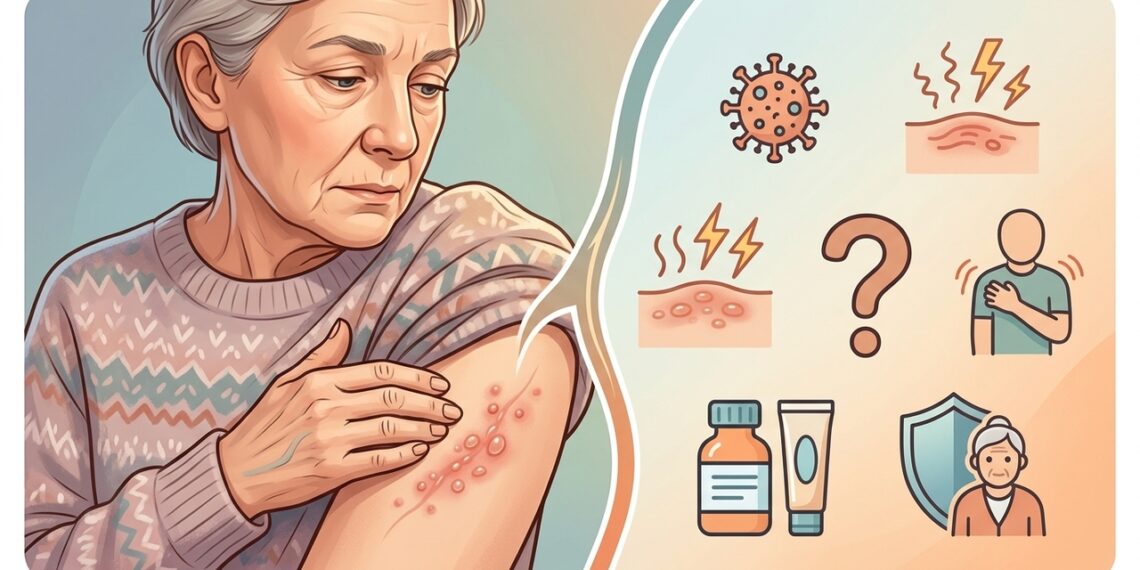 El herpes zóster suele causar dolor y ampollas agrupadas en un solo lado del cuerpo.