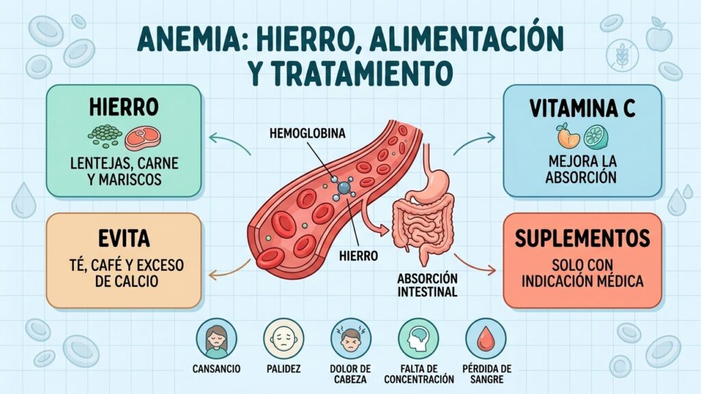 Hierro, vitamina C y tratamiento adecuado son claves según la causa de la anemia.