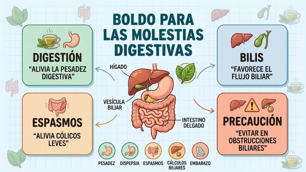 El boldo puede aliviar molestias digestivas leves después de comidas pesadas, pero tiene contraindicaciones.