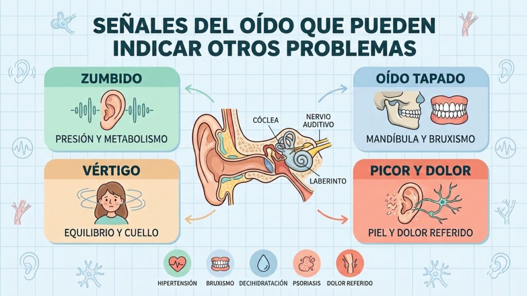 Cuatro señales auditivas conectadas con la circulación, mandíbula, equilibrio, piel y nervios.