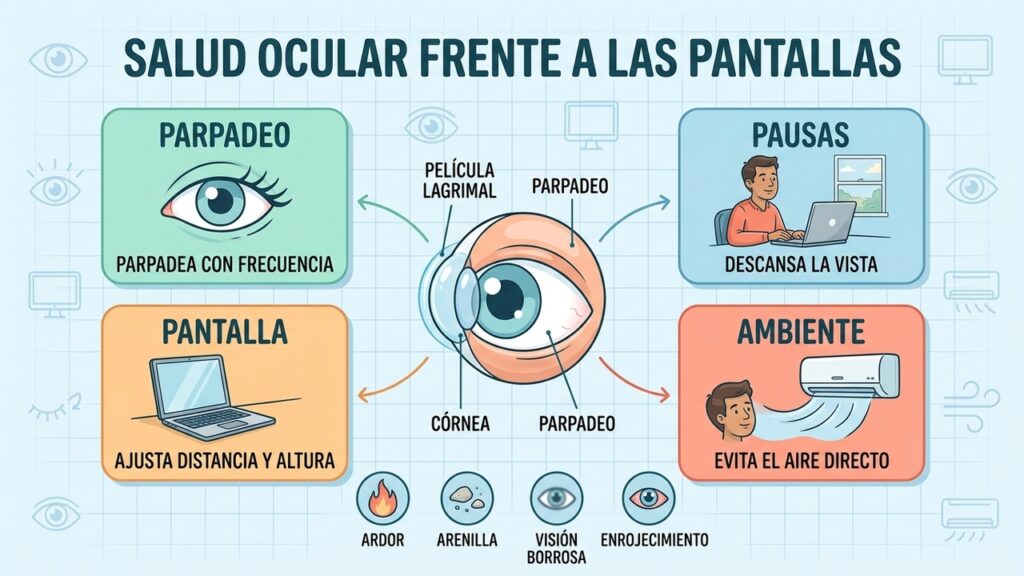 Parpadear, descansar la vista y evitar el aire directo ayuda a aliviar los ojos secos.