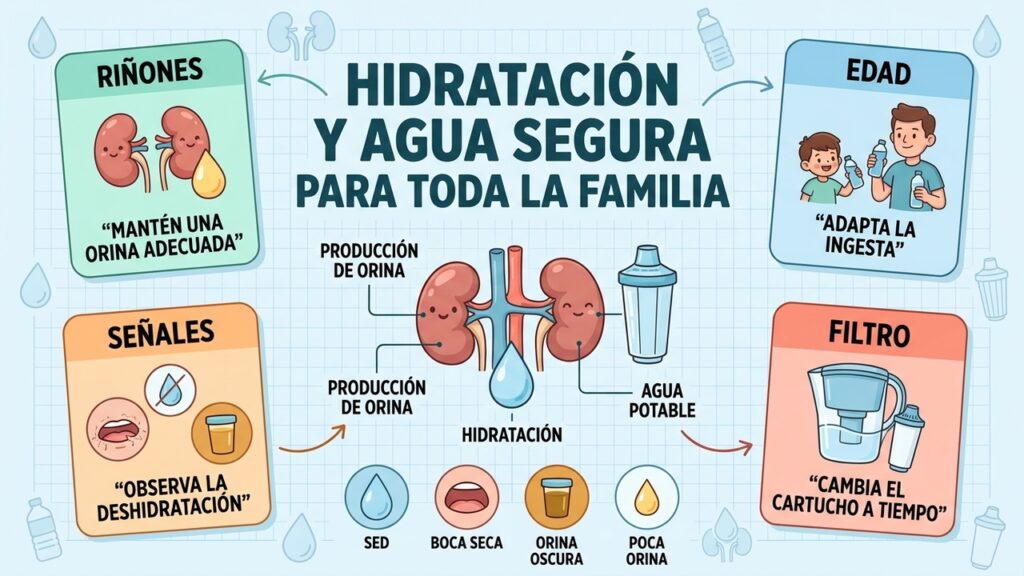 Beber suficiente agua y mantener el filtro en buen estado ayuda a cuidar los riñones familiares.