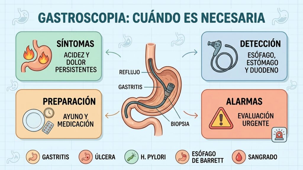 Cuatro pilares orientan la gastroscopia: síntomas, detección, preparación y señales de alarma.