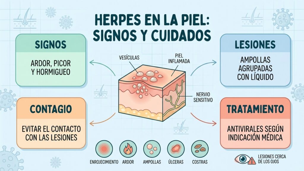 Ardor, hormigueo y ampollas agrupadas pueden indicar un brote de herpes en la piel.