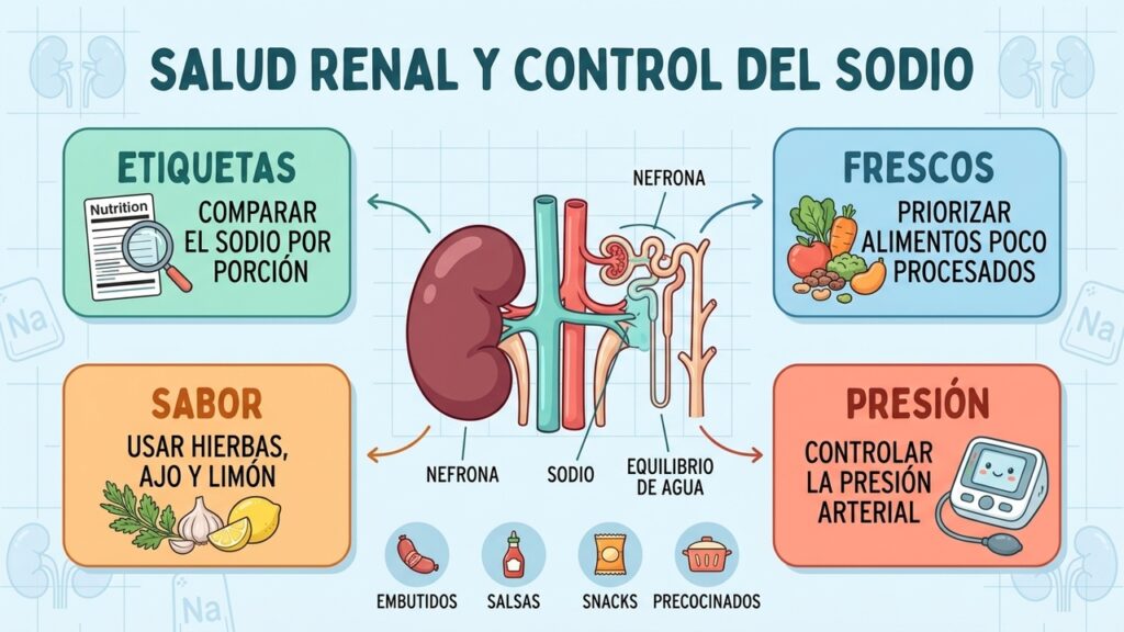 Reducir alimentos ricos en sodio ayuda a proteger los riñones y controlar la presión arterial.
