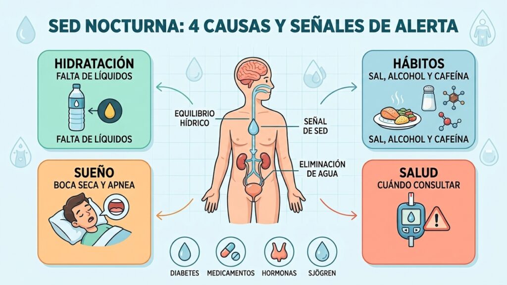 Hábitos, sueño y enfermedades pueden explicar la sed nocturna persistente."