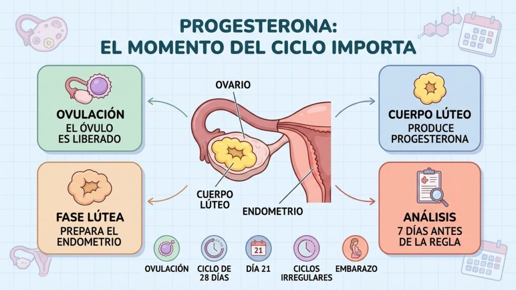 Ovulación, cuerpo lúteo, fase lútea y fecha de extracción guían la evaluación.