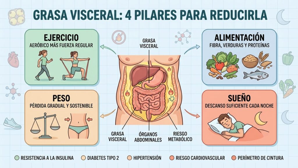 Reducir la grasa visceral depende de movimiento regular, alimentación equilibrada, sueño y control del peso.