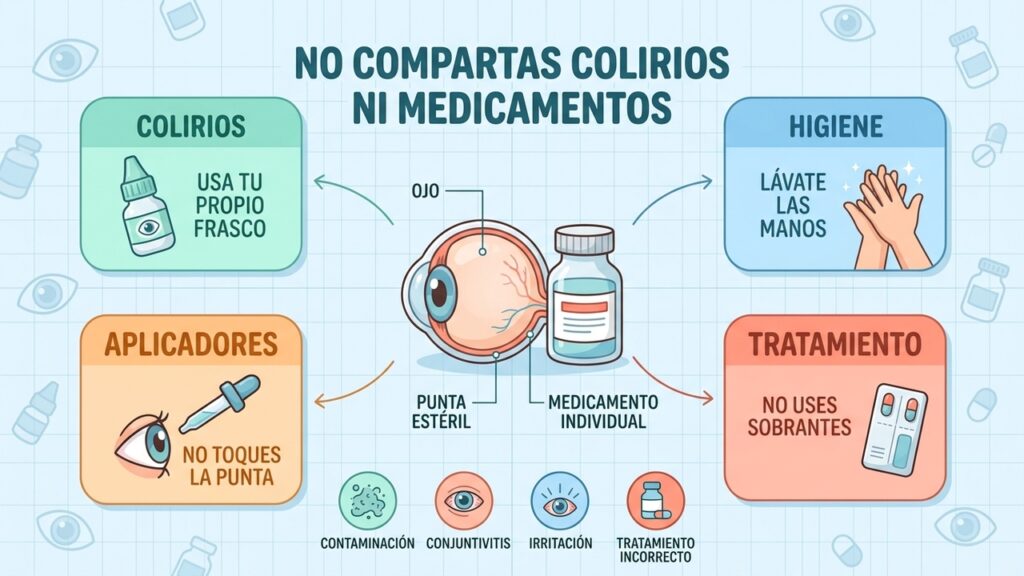No compartir colirios ni medicamentos reduce contagios y errores de tratamiento en casa.