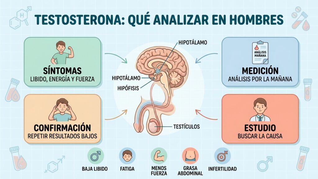 Síntomas, medición matutina, confirmación y estudio de causas guían la evaluación hormonal.