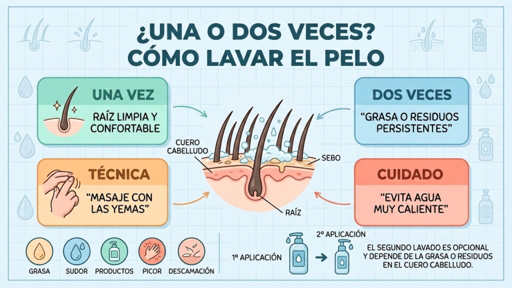 Una o dos aplicaciones de champú dependen de la grasa, el sudor y los residuos acumulados.