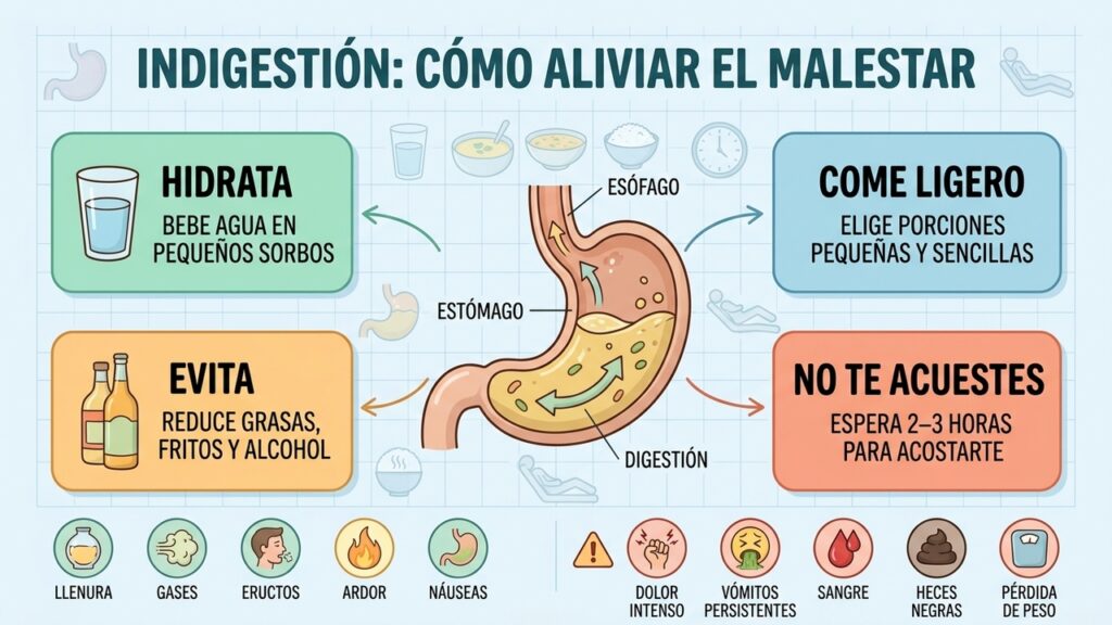 Una comida ligera, hidratación y mantenerse erguido pueden aliviar una indigestión ocasional.