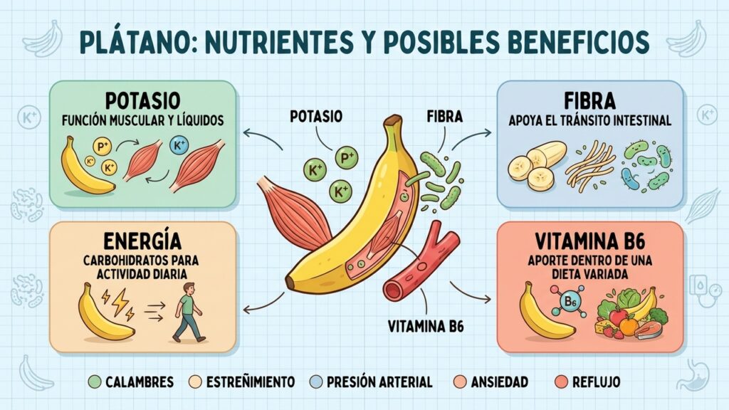 El plátano aporta potasio, fibra y vitamina B6 dentro de una alimentación equilibrada.