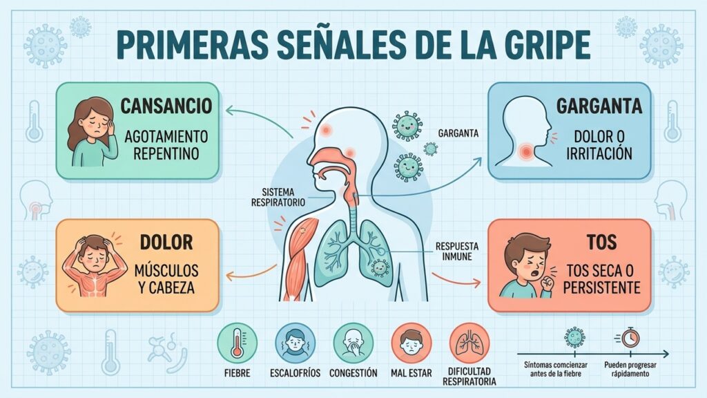Cansancio, garganta, dolores musculares y tos son señales tempranas frecuentes de gripe.