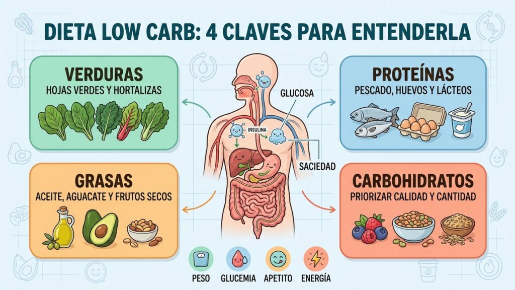La dieta low carb prioriza alimentos de calidad y reduce carbohidratos sin necesidad de eliminarlos.