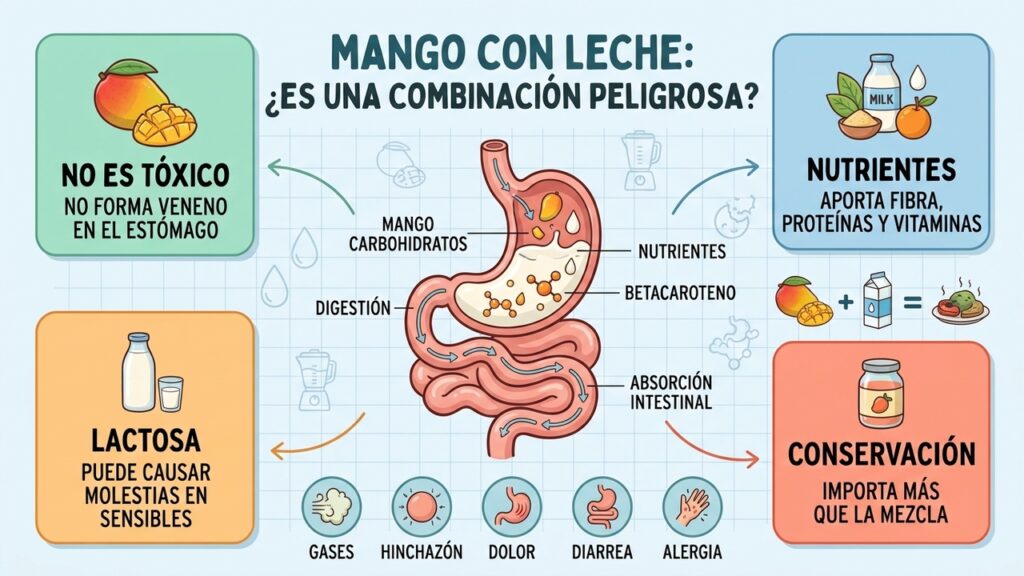 Mango y leche pueden combinarse sin crear toxinas ni provocar una intoxicación.
