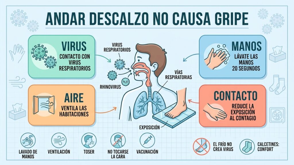 Caminar descalzo sobre suelo frío puede incomodar, pero no provoca gripe ni resfriado.
