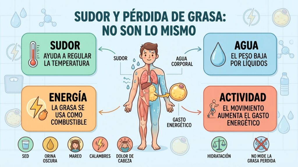 Sudar durante la limpieza o el ejercicio supone perder líquidos, no necesariamente más grasa corporal.