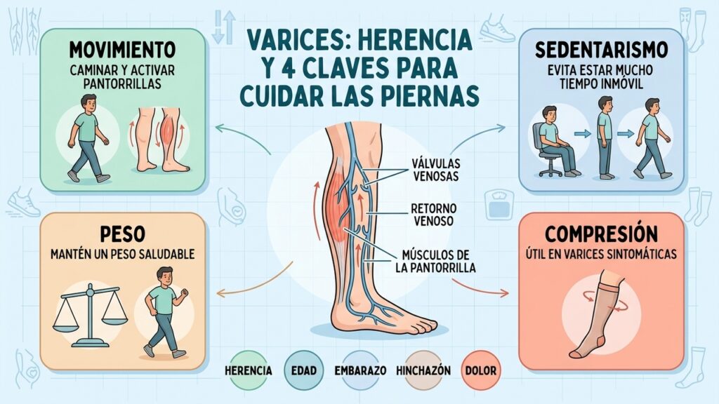 La herencia influye en las varices, pero mantenerse activo ayuda a cuidar la circulación venosa.