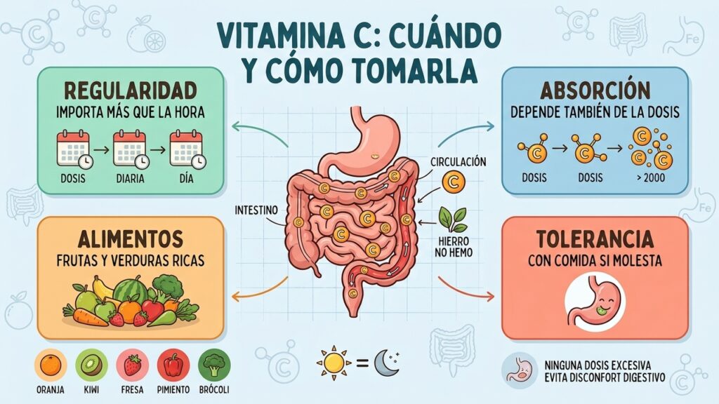 La vitamina C puede tomarse mañana o noche; la regularidad importa más que el horario.