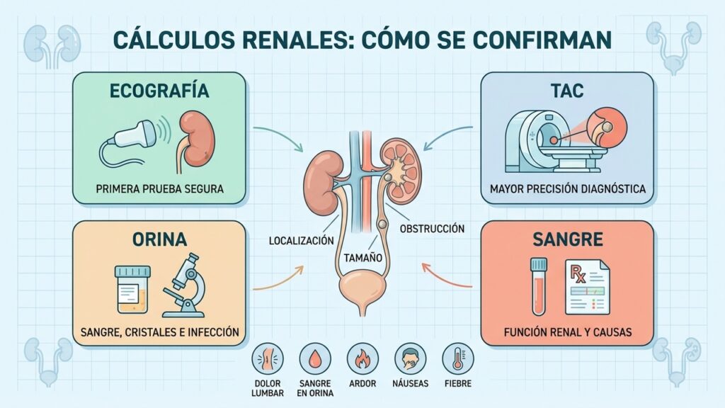 Ecografía, TAC y análisis ayudan a localizar el cálculo y orientar el diagnóstico.
