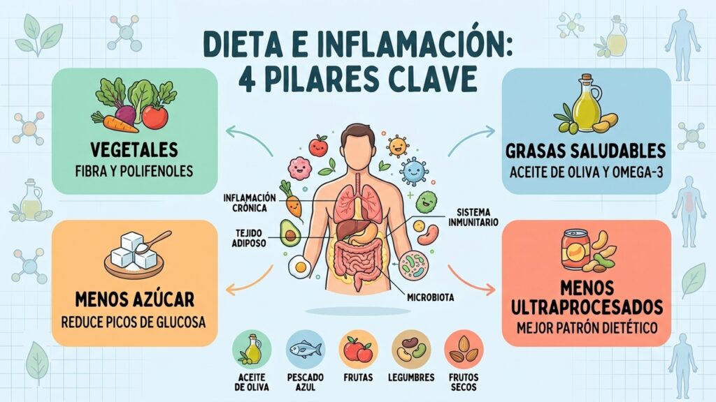 Vegetales, grasas saludables y menos ultraprocesados: cuatro pilares de una alimentación equilibrada.