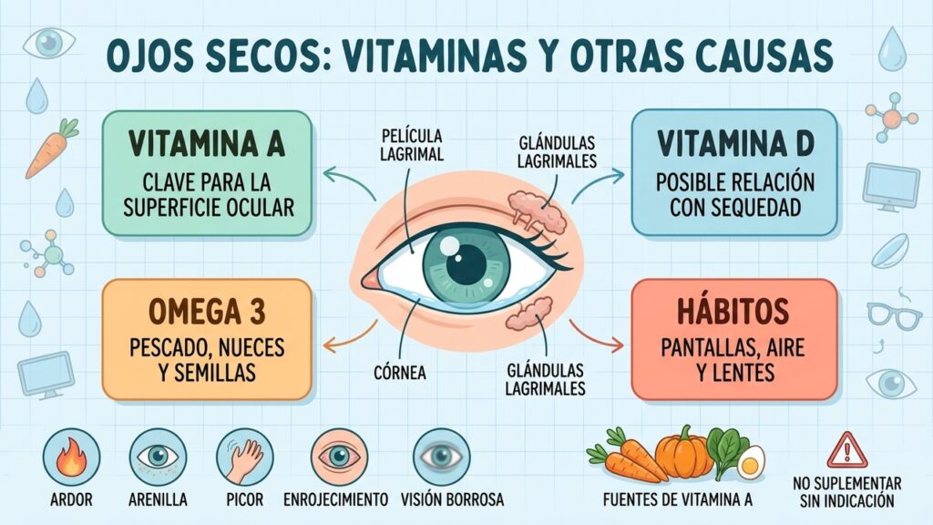 Los ojos secos tienen múltiples causas; la vitamina A es importante para la superficie ocular.