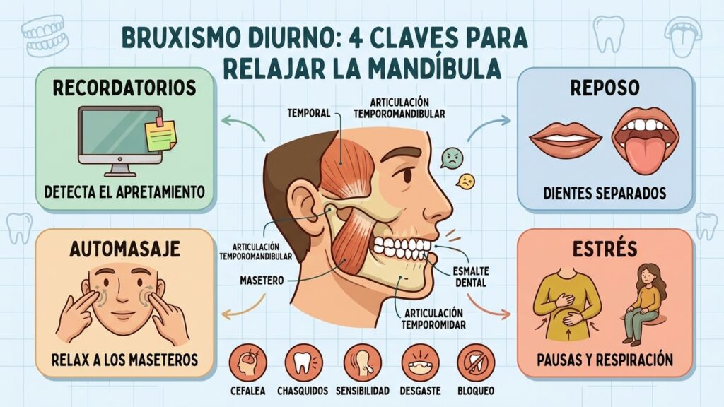 Cuatro estrategias para detectar el bruxismo diurno y reducir la tensión mandibular.