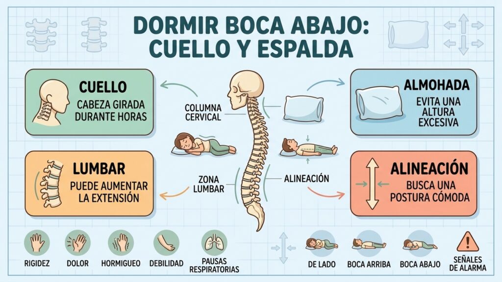 Dormir boca abajo puede aumentar la tensión cervical y lumbar al despertar.