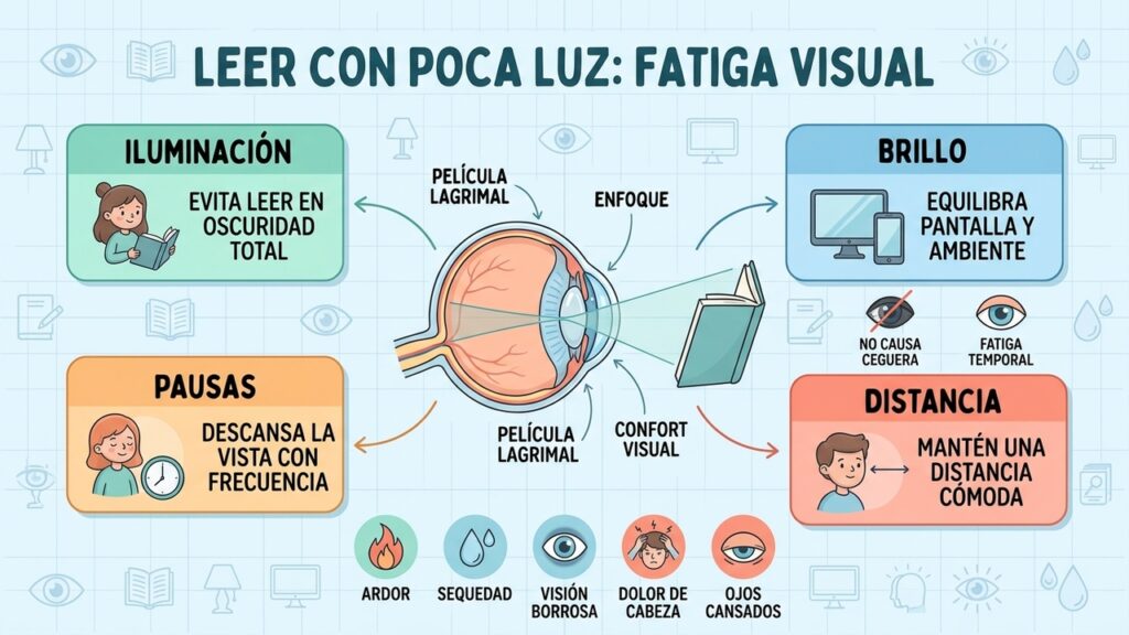 Buena iluminación, pausas, distancia adecuada y brillo equilibrado favorecen el confort visual.