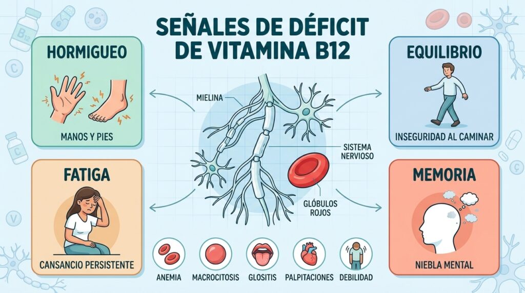 Cuatro señales clave del déficit de B12: hormigueo, equilibrio, fatiga y memoria.