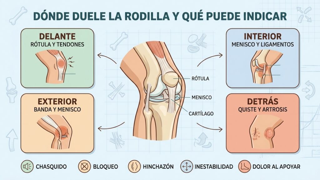 Delante, dentro, fuera o detrás: cada zona de la rodilla orienta diferentes causas.