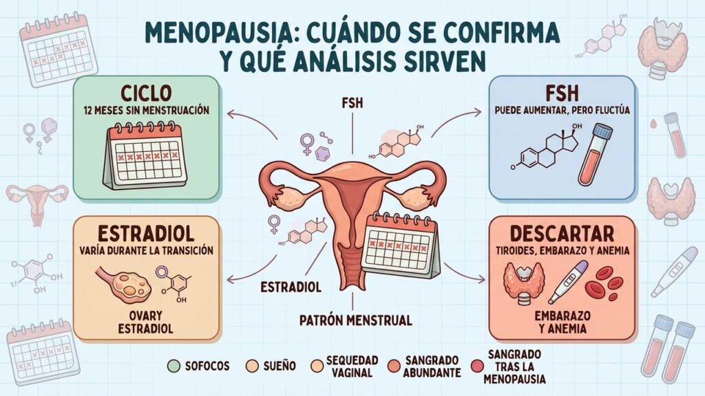 La menopausia suele diagnosticarse por edad, síntomas y ausencia menstrual, no por una sola hormona.
