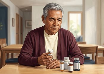 Hombre mayor de cabello gris observa un envase de medicamentos que sostiene en la mano, con otros cuatro frascos de pastillas sobre la mesa de su casa.