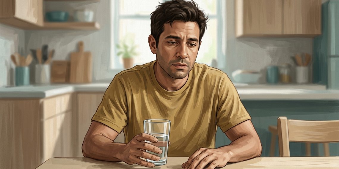 Hombre sentado en una cocina con expresión de cansancio y un vaso de agua en la mano, en una escena que representa el malestar asociado a la resaca.