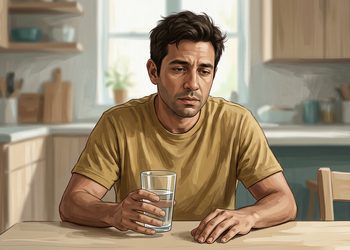 Hombre sentado en una cocina con expresión de cansancio y un vaso de agua en la mano, en una escena que representa el malestar asociado a la resaca.