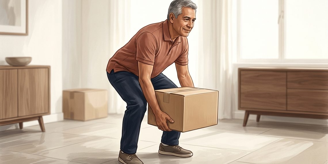 Hombre adulto de cabello gris levanta una caja de cartón del suelo con las rodillas flexionadas y la espalda inclinada, en una sala interior luminosa.