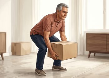 Hombre adulto de cabello gris levanta una caja de cartón del suelo con las rodillas flexionadas y la espalda inclinada, en una sala interior luminosa.