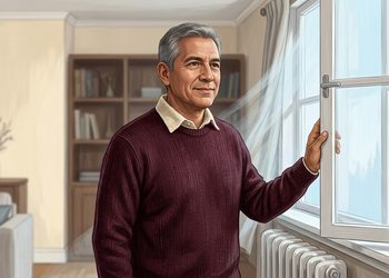 Hombre mayor abre una ventana en una habitación de casa mientras la cortina se mueve con el aire, junto a un radiador y una estantería al fondo.