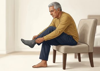 Hombre mayor de cabello gris sentado en una silla se inclina hacia delante para ponerse un calcetín, con una pierna elevada y el otro pie apoyado en el suelo.