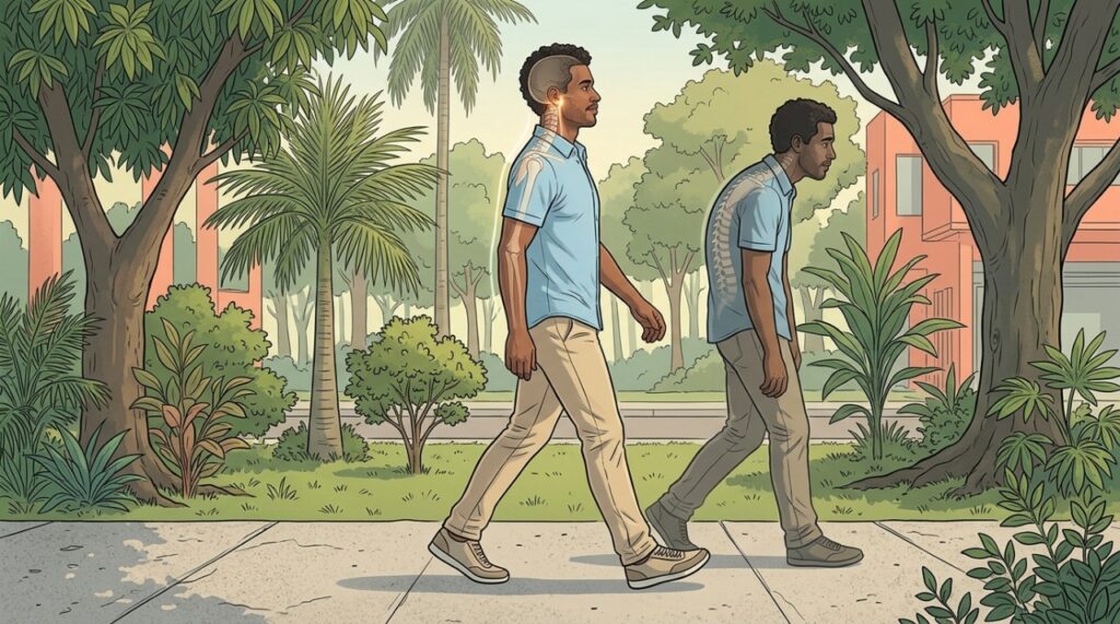 Si caminas encorvado, endereza la postura de manera consciente