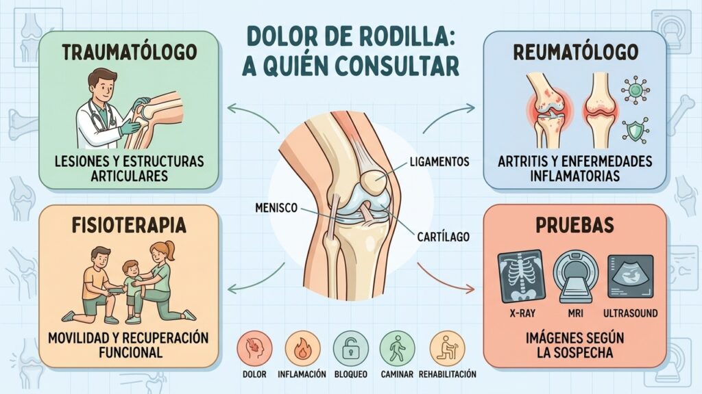 Traumatología, reumatología, fisioterapia y pruebas de imagen orientan el diagnóstico de rodilla.