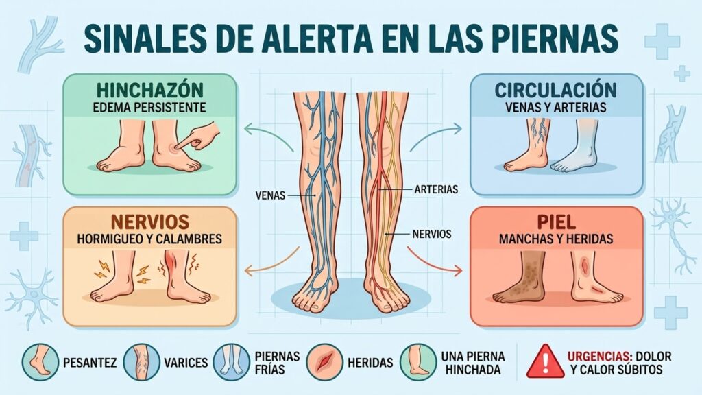 Hinchazón, circulación, nervios y piel revelan señales que requieren atención médica.