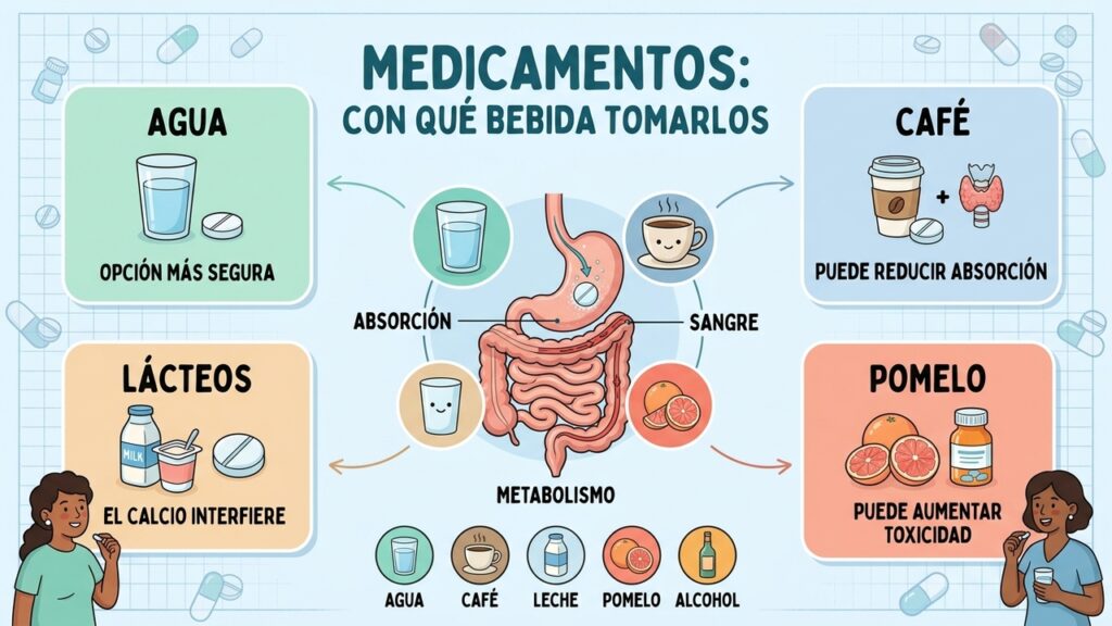 El agua suele ser la opción más segura para tomar medicamentos y evitar interacciones.