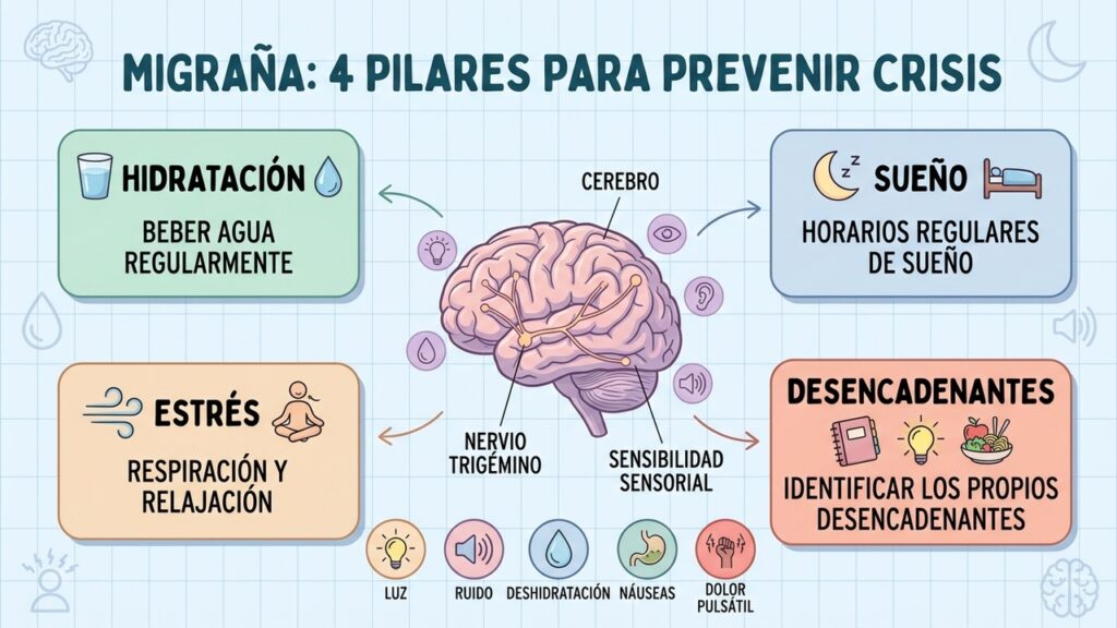 Identificar desencadenantes y reducir estímulos puede ayudar a controlar las crisis de migraña.