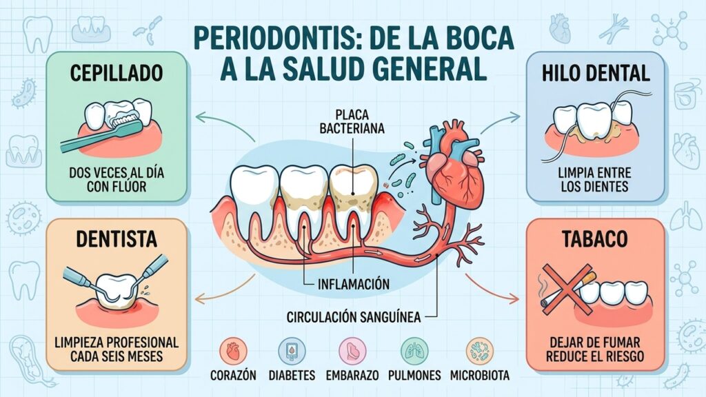 epillado, hilo dental, revisiones profesionales y dejar de fumar protegen la salud periodontal.